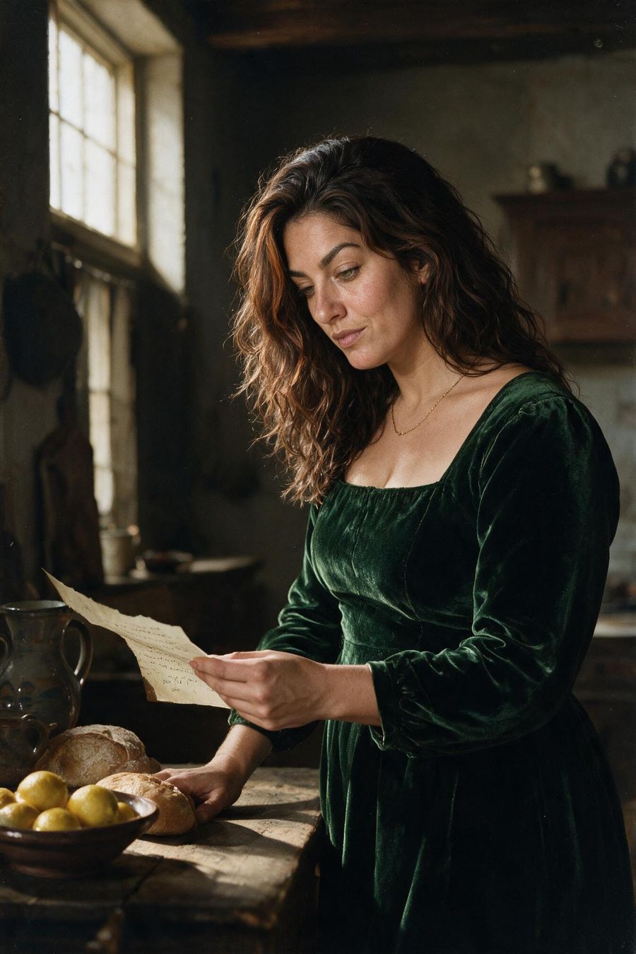 Matilde in a green velvet dress reading a letter in a sunlit kitchen